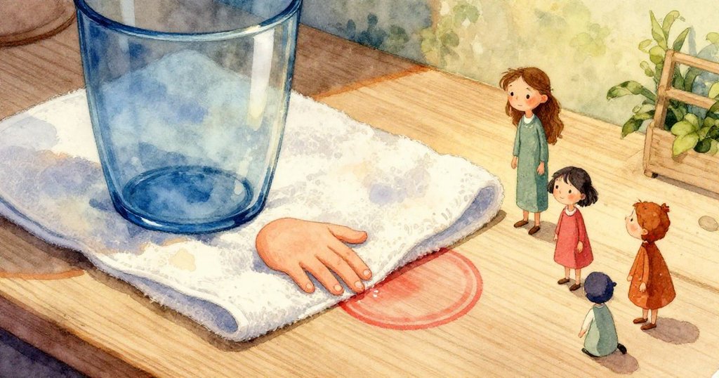 廚房中，諾拉的腳步和手部特寫展現好奇，她輕步走向桌上紅痕，充滿期待與細膩情感。