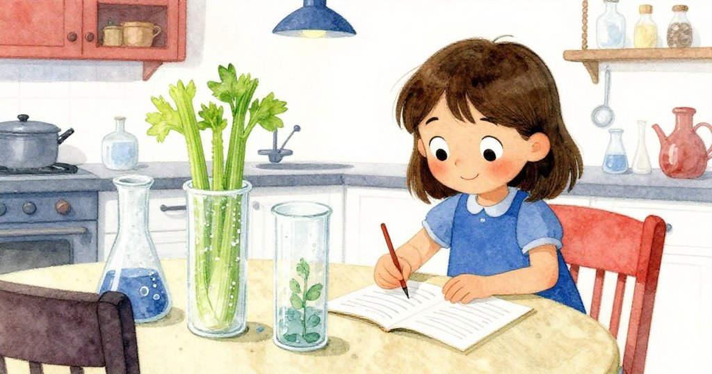 諾拉在廚房桌前排列實驗，三個玻璃杯各有水痕與筆記，展現細緻觀察與科學好奇心。