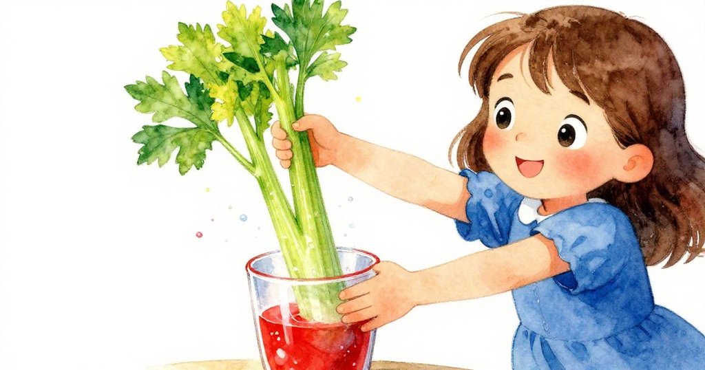 諾拉專注地將新切芹菜插入紅杯，見證水彩迅速爬升混合紅、粉與黃，瞬間充滿動感與驚喜。