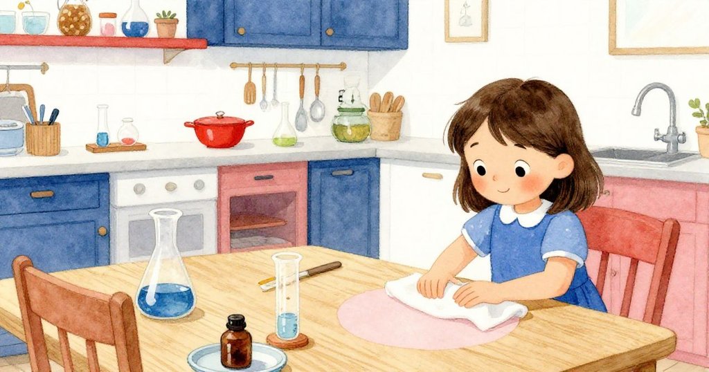 諾拉用備用毛巾輕輕擦拭手指，桌上留下粉色印記，環繞著實驗工具與筆記，展現發現後的滿足與平靜。