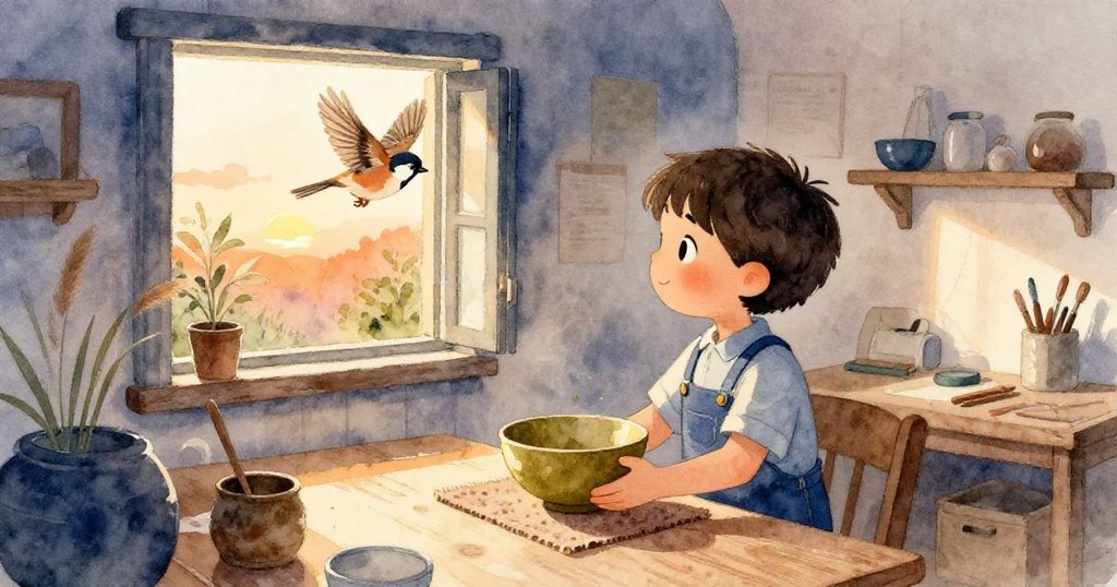 雷德穩住暖橄欖色陶碗,在工坊窗邊迎接飛入的麻雀,夕陽金光映襯出歡喜與期待之情。