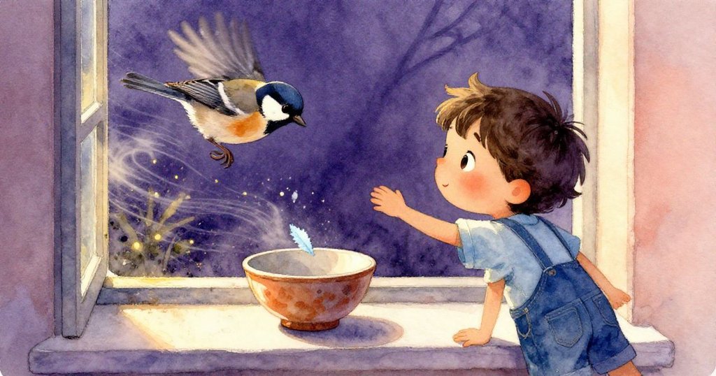 雷德凝神注視工坊內揚起的塵埃與藍色瓷屑落在碗緣,窗外麻雀躍然空中,動感場面令人陶醉。