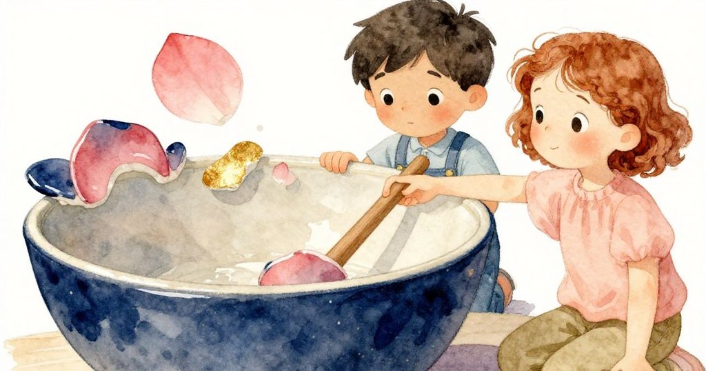 雷德輕拂碗邊塵埃後用木槌再敲,娜迪婭溫柔回憶過往創作,瓷碗邊緣綻放花瓣狀釉痕,靜謐動人。