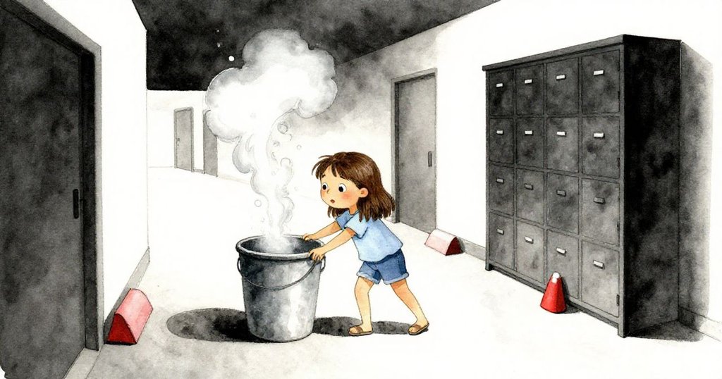 琪琪在傾斜的走廊中，小心地打開發出陣陣蒸氣的廚餘桶，旁邊有門擋，神情既好奇又略帶不安，開場氛圍奇異。