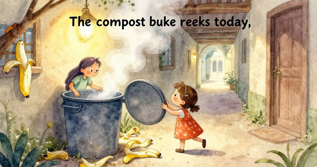 琪琪的手在腐爛桶中舀取廚餘，近距離捕捉到果蠅紛飛的細節，呈現出濃烈且豐富的情節發展。