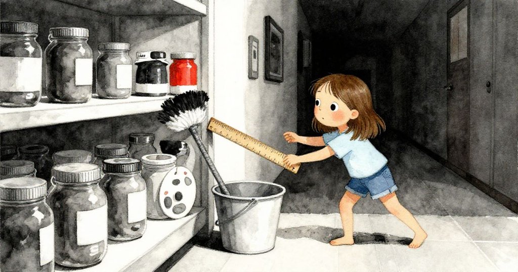 琪琪在隱蔽角落迅速用木尺堵住滾動的顏料瓶和趨斜的水桶，隱約呈現出藝術用品與危機交織的動態場景。