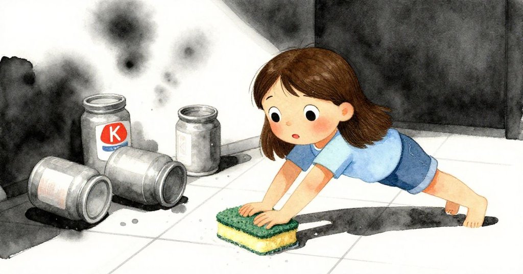 琪琪急速衝出，用濕海綿緊壓地面阻止顏料瓶滾動，神情果斷緊張，場面充滿迫切與動態感。