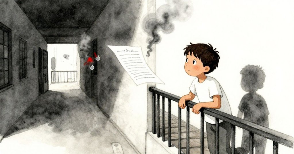 格蘭特站在陽台邊緣眺望著下方走廊，紙張在風中輕輕飄動，神情好奇中帶些厭惡，故事情節持續發展。