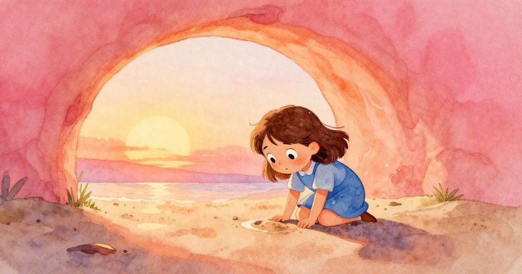 佛恩在明亮隧道外蹲下調查沙粒，背景充滿橘粉和金色光線，充滿好奇與期待。