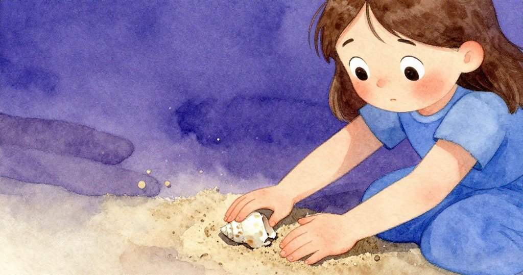 佛恩專注觸摸濕沙，邊緣並列呈現破碎貝殼與微小沙粒，象徵發現與探索。