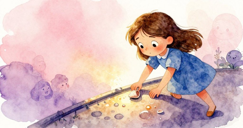 佛恩沿著曲線欄杆移動，小心地將破碎貝殼對準濕痕，傾斜視角下展現出動態反光與探索精神。