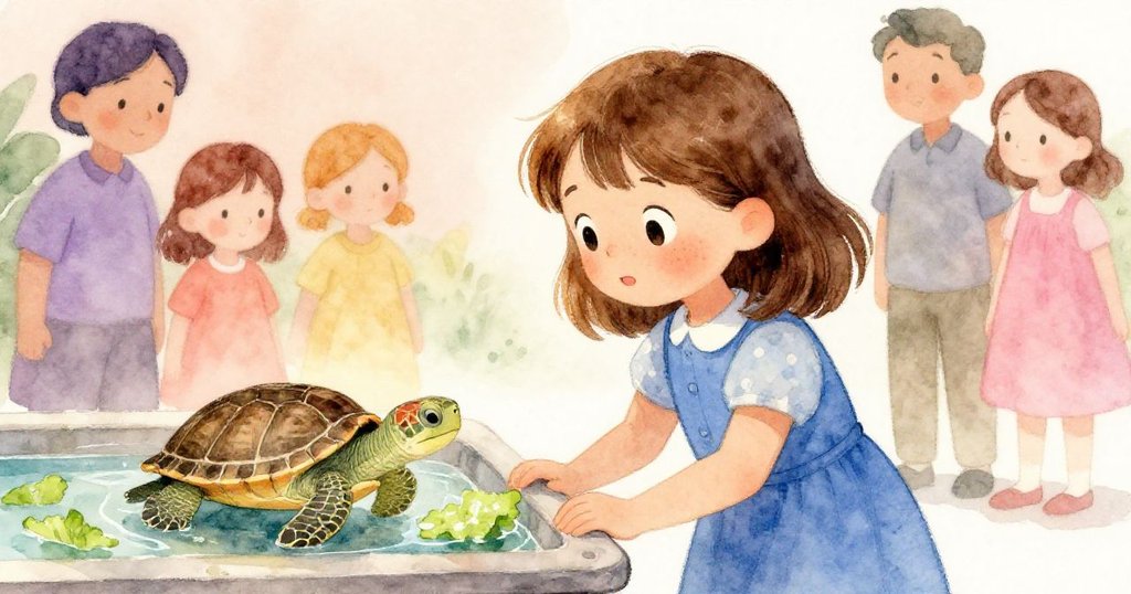 記憶色調中佛恩在餵食區停步，觀察幼龜艱難前行，背景家庭人群流露溫柔懷舊感。