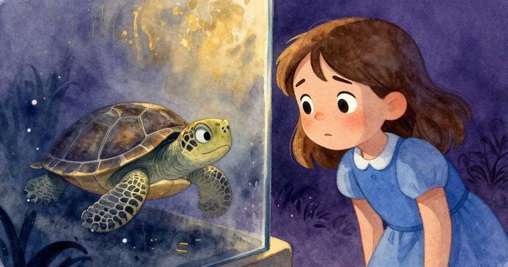 佛恩在霧氣蒙蒙玻璃前凝視幼龜奮力前行，臉上流露緊張與關懷，場景氣氛凝重。