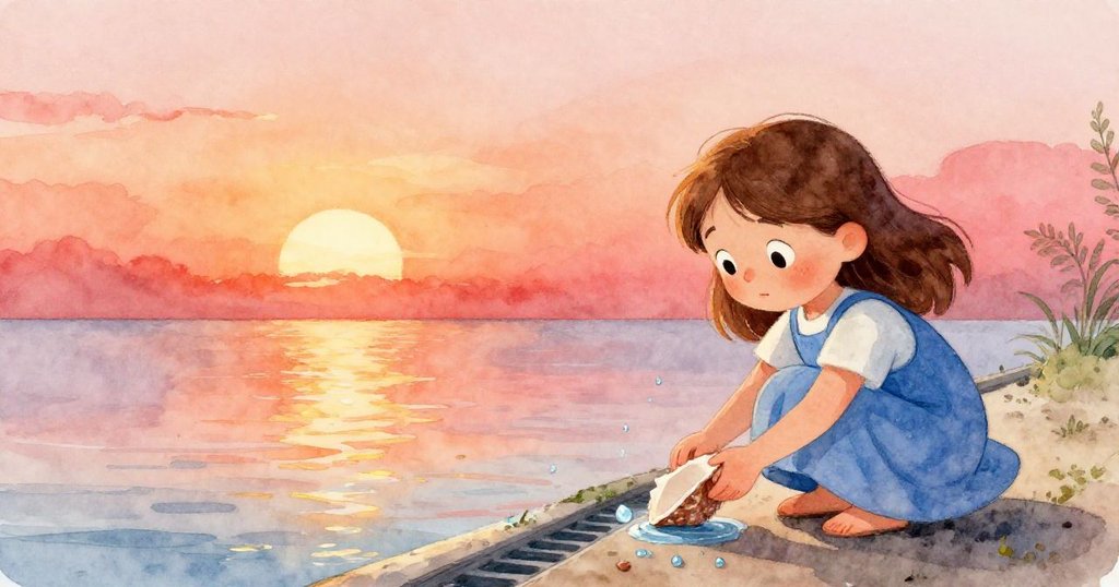 佛恩將破碎貝殼放在排水溝旁，水珠悄然匯聚，隧道地面漸暗，呈現探索後的寧靜結尾。