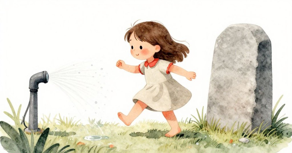 莉莉赤腳踩上露珠草坪,柔和草香中映出銀色噴頭與古老石碑,故事氣氛漸入佳境。