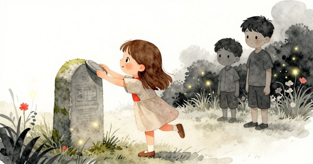 莉莉背影專注調整瓶蓋,低膝觸及青苔堆,旁邊Dean靜觀花壇,螢火微光點染夜色。