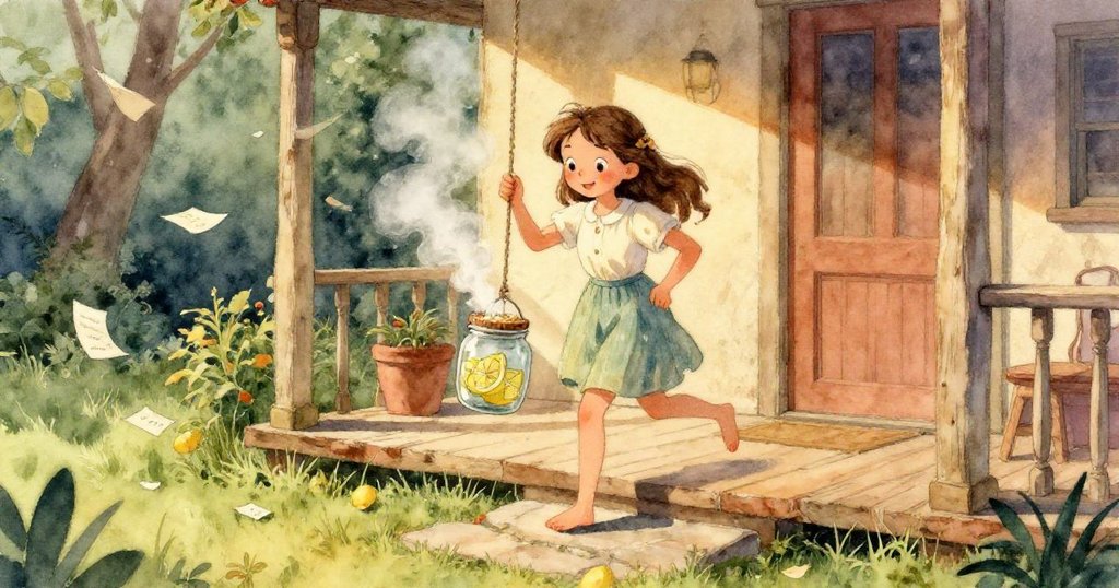 古老石碑上瓶子靜置,檸檬糖霧纏繞,螢火飛舞出神秘幾何,畫面呈現奇妙夢幻之感。