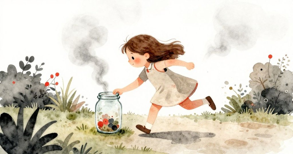 莉莉邁步奔跑中彎腰調整瓶蓋,涼意青苔與微風吹拂,空氣中隱隱透出熏炭氣味,動感十足。