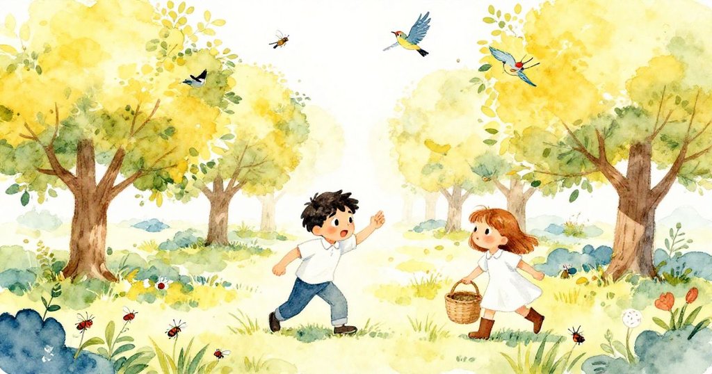 Kent呼喚Nina在果園忙碌，周圍有小鳥及昆蟲穿梭，明亮陽光下展開充滿活力與期待的採果冒險。