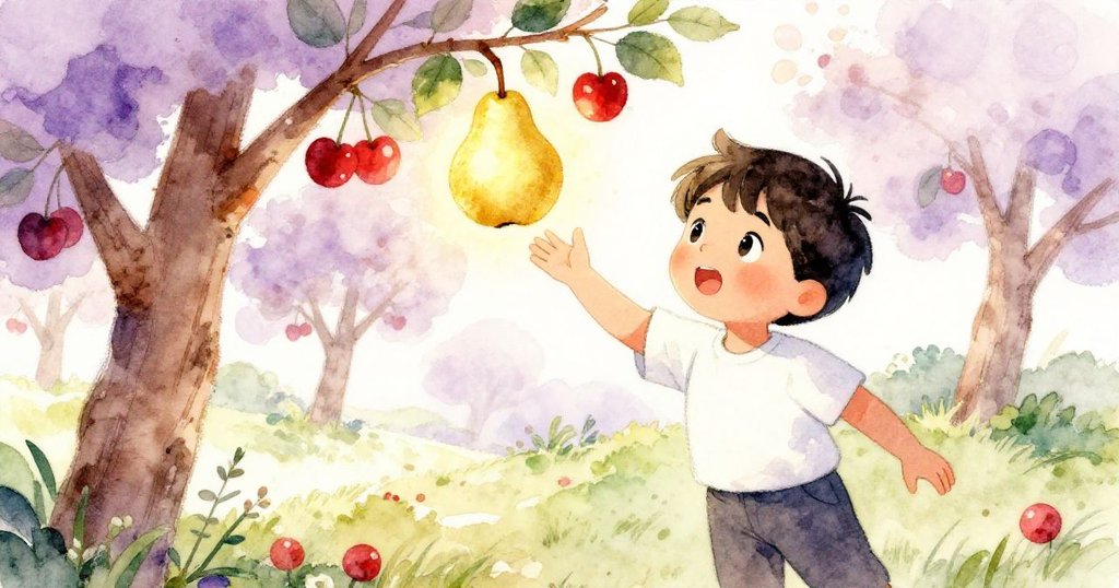 Kent凝視樹上金梨，手伸向象徵夢想的果實，背景光影柔和，氛圍由期待逐漸轉向希望與勇氣。