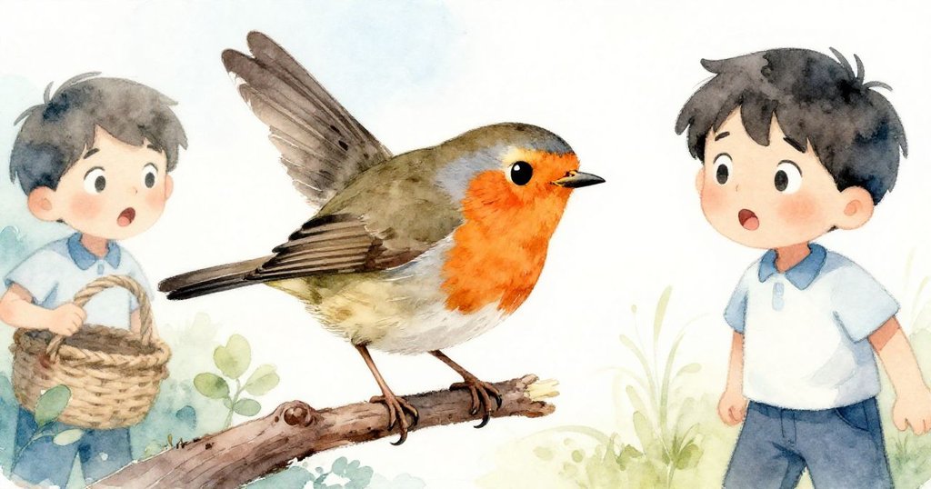 Robin在枝頭急振翅，Kent露出驚訝表情，細膩水面反射落果，營造出情節進入高潮的緊張時刻。