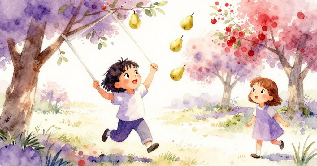 Nina果斷揮動布袋接住滾動果實，Kent站旁協助，兩人面對難題果斷行動，展現故事轉入決策高潮。