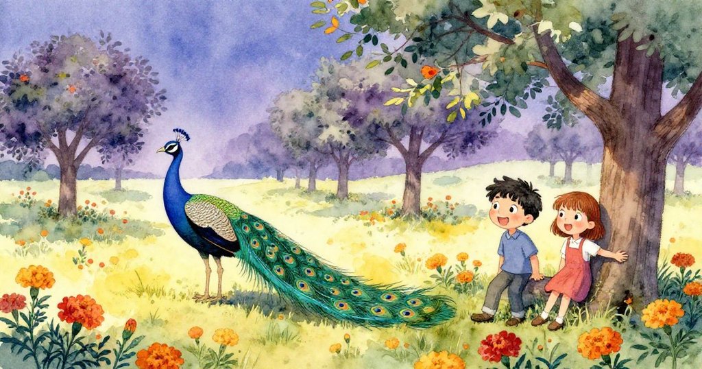 孔雀優雅尾羽在花叢中輕拂，Kent與Nina微笑倚樹，果園漸歇喧囂展現溫馨象徵結局。