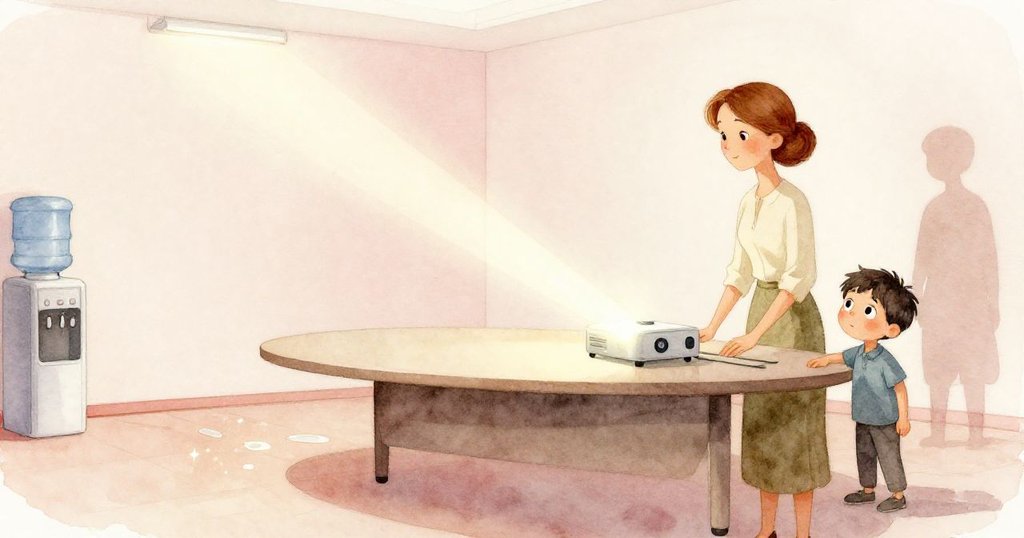 Flora 檢查筆記型電腦計時，Ned展開白屏，會議室投影光線照亮桌面和亮晶晶水漬，情緒專注展開故事。