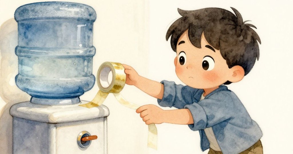 Ned 聚精會神地發現膠帶卷，近鏡頭捕捉他專注眼神，會議室水漬映襯下展開發現。