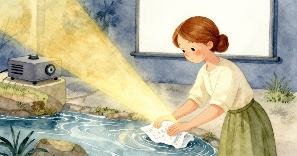 Flora 緊張地用回收紙巾阻止流動的水，前景水滴紙巾細節豐富，背景投影與白屏見證故事進展。