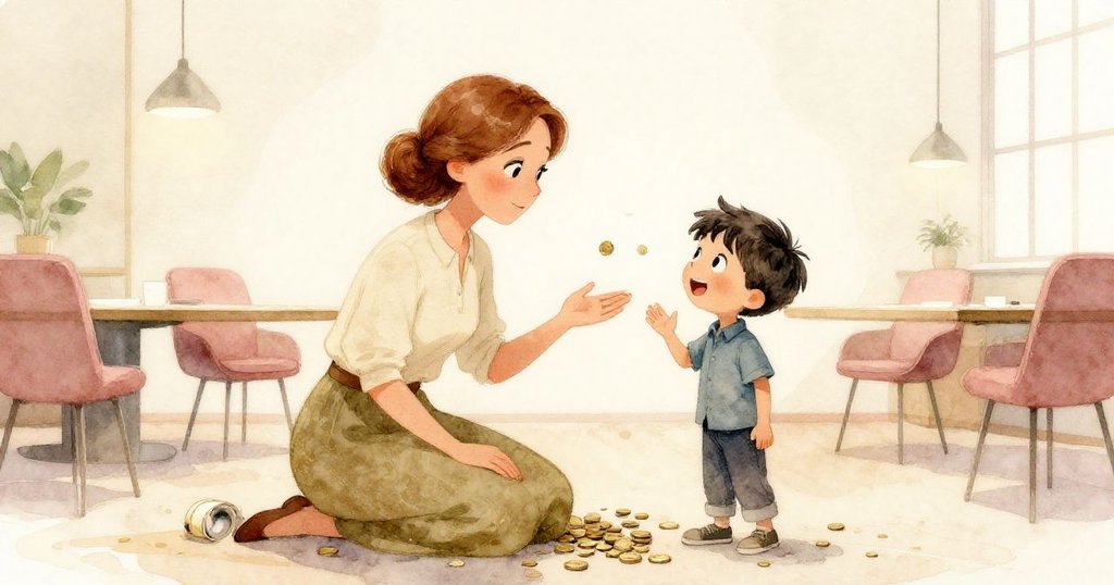 Flora與Ned在會議室內共享安心微笑，身旁殘留硬幣與膠帶見證團隊合作後喜悅，氛圍溫暖。