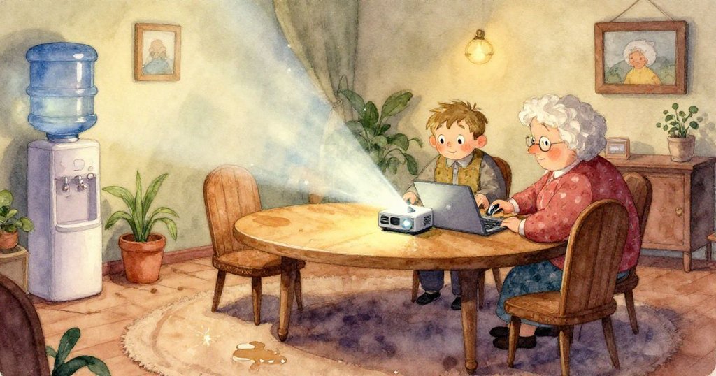 夕陽下的走廊，水流沿著溫暖層壓地板緩緩流向排水口，硬幣與膠帶仍留痕跡，氛圍平靜展結局。