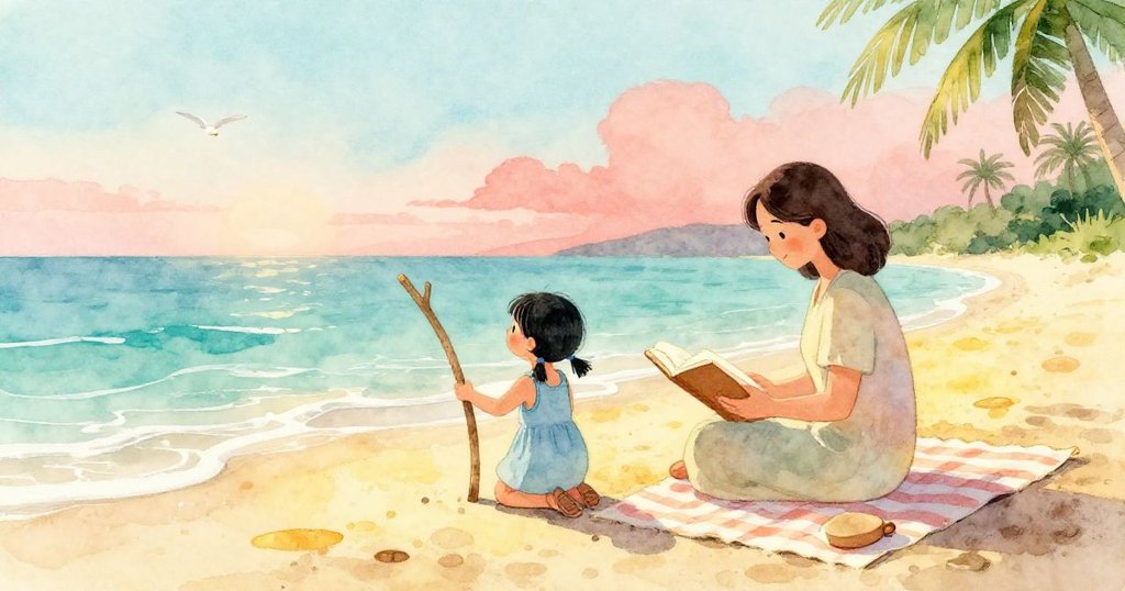 Hana在海灘上彎腰持木棍創作，媽媽坐在條紋毛毯上閱讀，背景夕陽溫暖，氛圍平靜