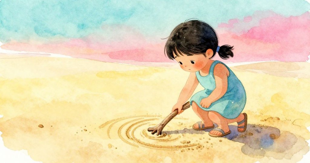 Hana聚精會神用木棍在沙上畫弧線，空曠的沙灘與柔和夕光襯托出創作氛圍