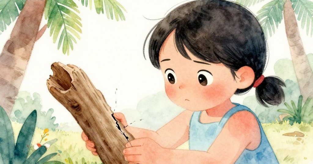 Hana神情專注地端詳斷裂的木棍，面露驚訝與堅定，背景沙面微光細膩呈現