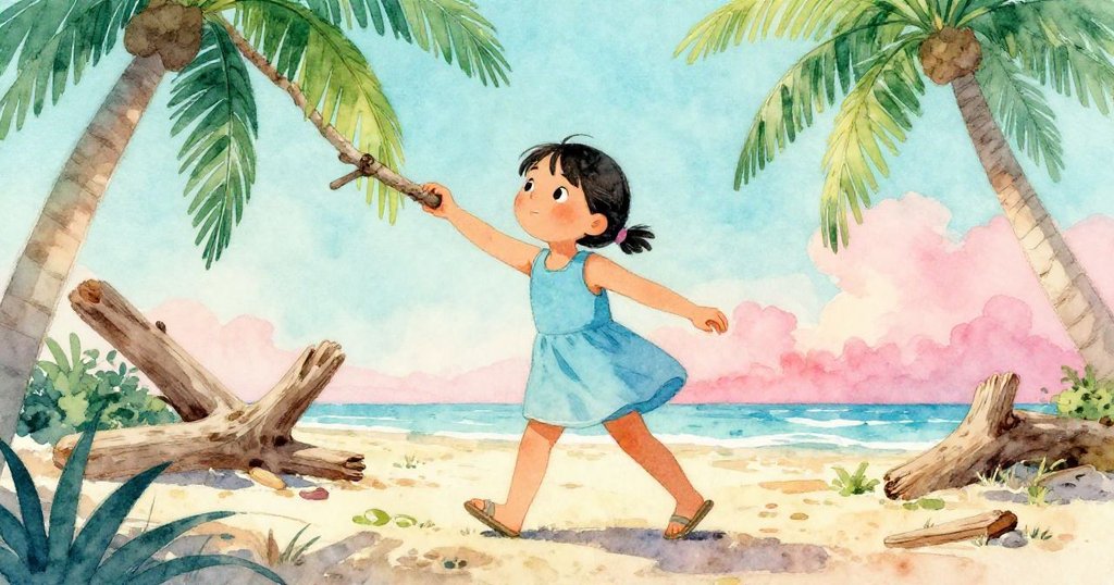 Hana堅定身影橫越沙灘，動感角度展現她伸手取一根粗壯木枝的決心