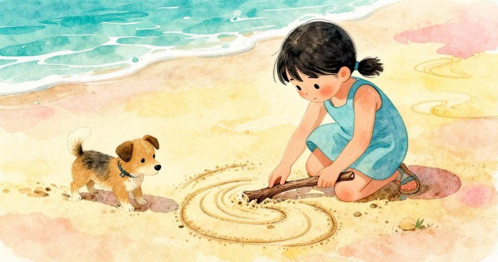 Hana專注地用新木枝重畫沙中刻痕，旁邊小狗輕巧走過留印，陽光明媚充滿希望