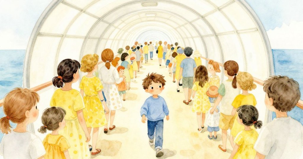 Emil在光線柔和的觀察隧道中走動,與眾多家庭一起,臉上充滿好奇,場面熱鬧充滿溫暖感