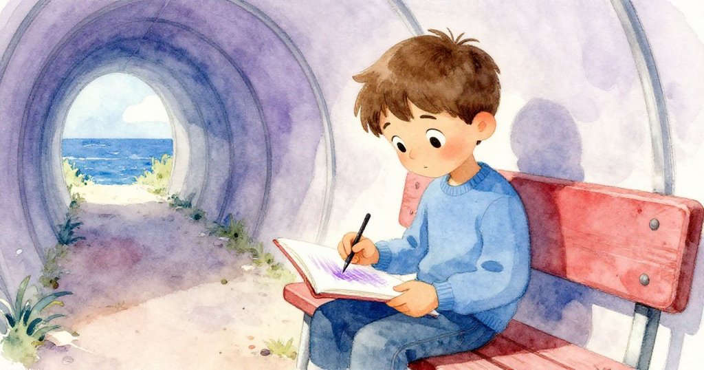 Emil坐在觀察隧道的長凳上,打開筆記本仔細觀察淡紫色痕跡,神情專注而溫柔