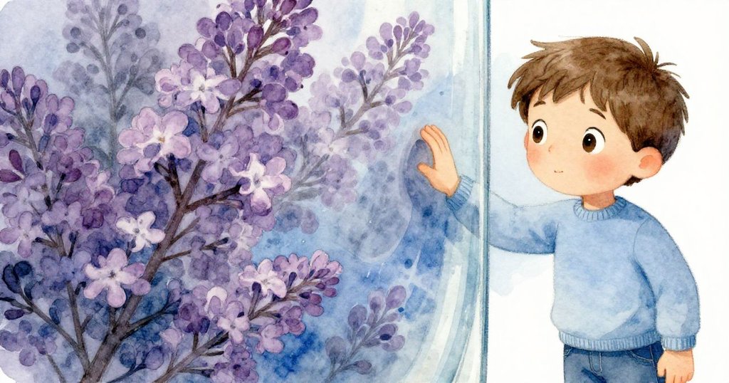 Emil伸手輕觸隧道玻璃上的淡紫痕跡,鏡面呈現扭曲效果,圖案複雜且充滿神秘氣息