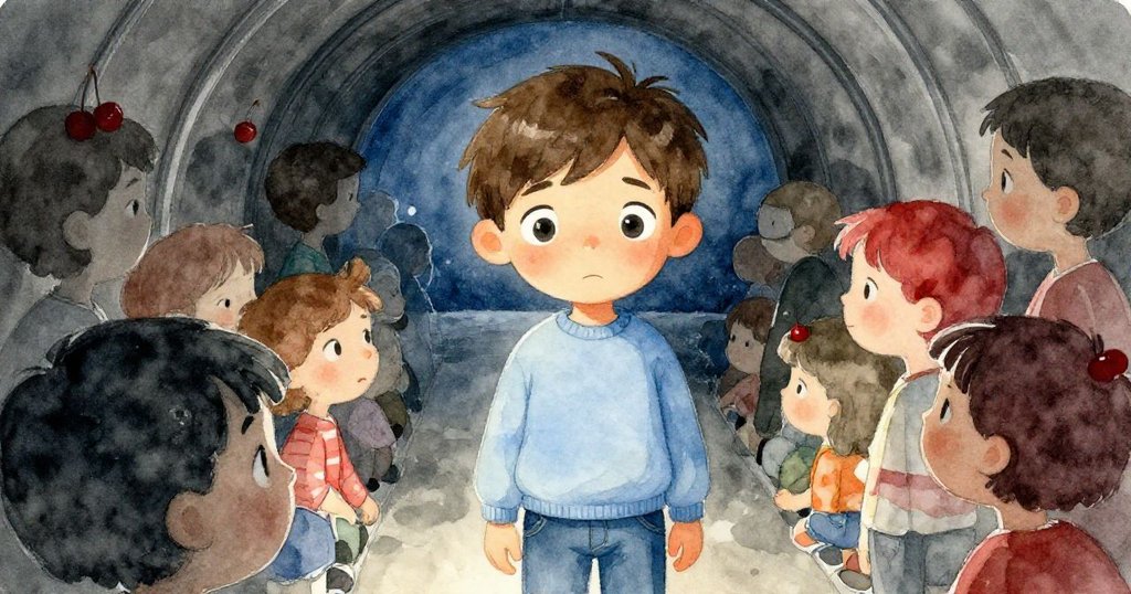 Emil凝視擁擠的長凳,表情中流露出矛盾與猶豫,精緻面部表情充滿深思與淡淡憂愁