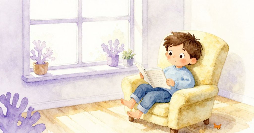 Emil安坐在舒適扶手椅上輕輕作畫,閉上筆記本留下一道淡紫痕跡,背景溫暖光線使環境寧靜宜人