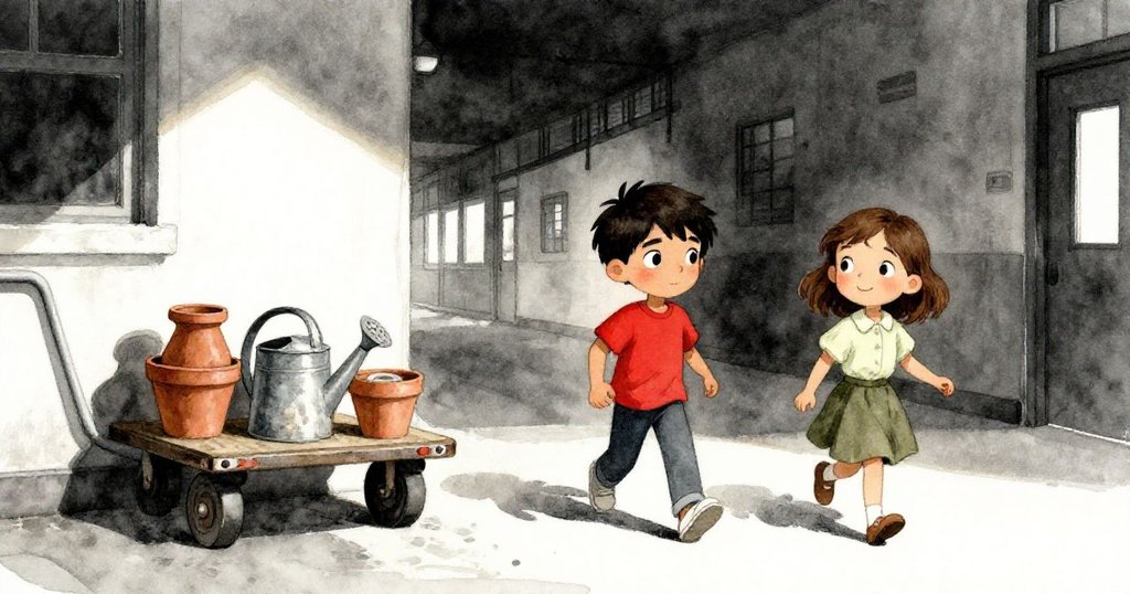 奧斯卡推著裝滿工具的手推車，常伴著依薇在走廊中行進，光線映照出溫暖與期待的情緒。