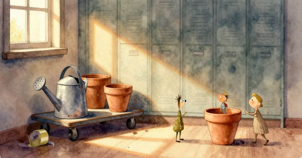 奧斯卡輕輕調整陶罐，近距離展現凹陷金屬水壺和剝落彩帶的細膩質感，充滿溫暖細節。