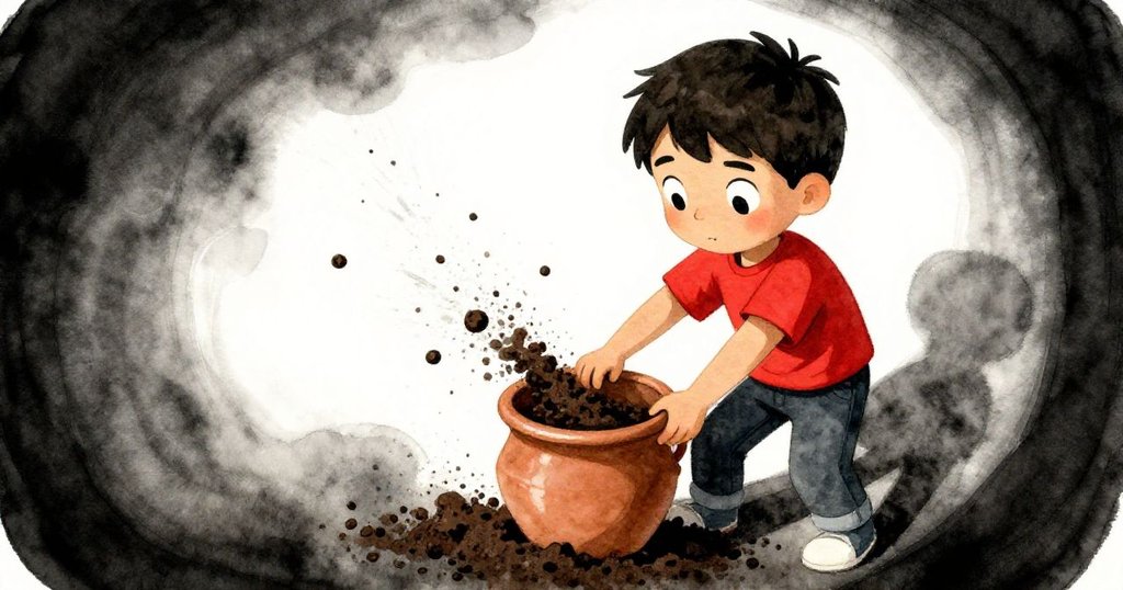 奧斯卡彎腰灌入土壤，利用魚眼視角呈現沙粒流動，畫面扭曲中流露出任務緊迫與趣味感。