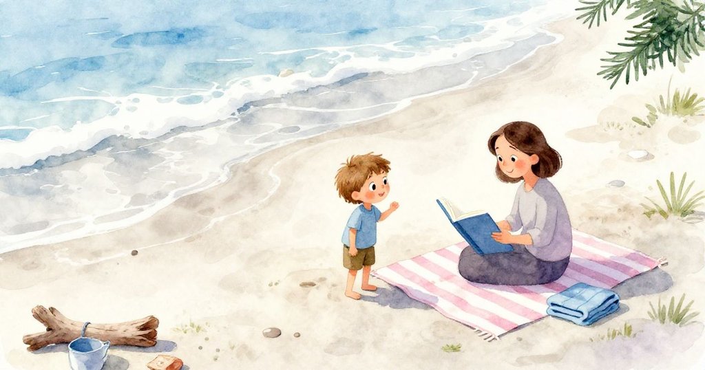 Nina、Kane和媽媽在濕潤沙灘上活動,漂流木、塑膠水桶、藍色毛巾散落,陽光灑下溫暖,充滿期待的場景。