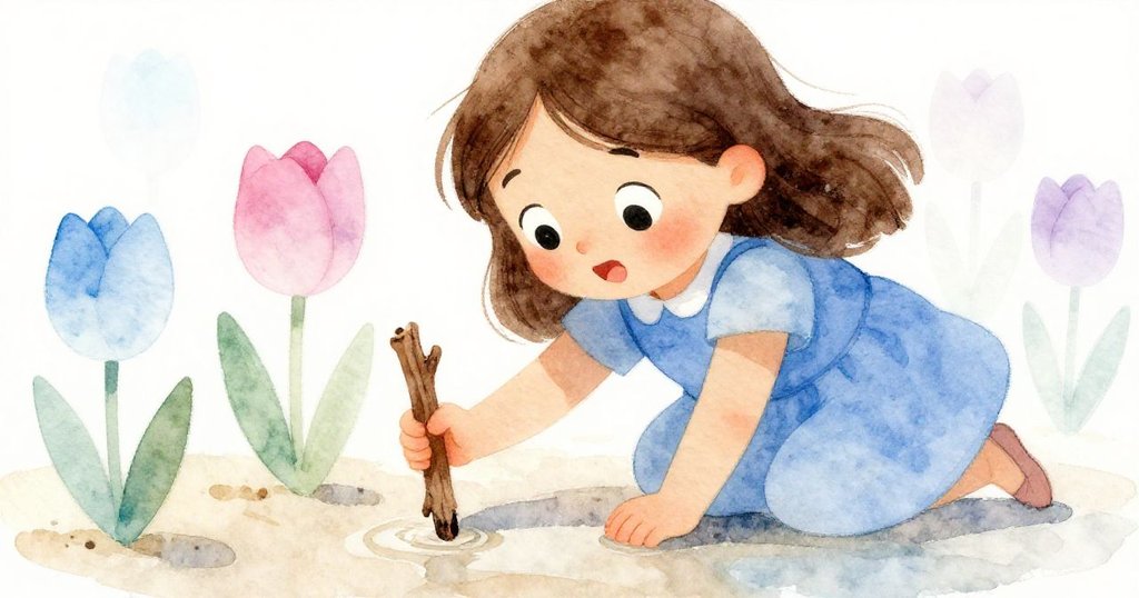 Nina專注地揮動木棒於濕沙上畫花,其眼中充滿好奇與喜悅,細節真實生動。