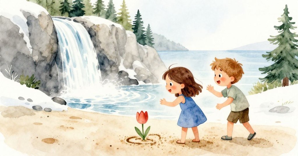 Nina視角中,看到Kane在濕沙上細緻勾勒瀑布,與花朵相連,氣氛協調而充滿創意。