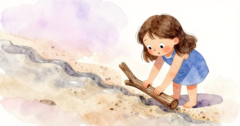 Nina彎腰用木棒堆起濕沙牆,靜謐中展現堅定與智慧,環境細節豐富且隱密。