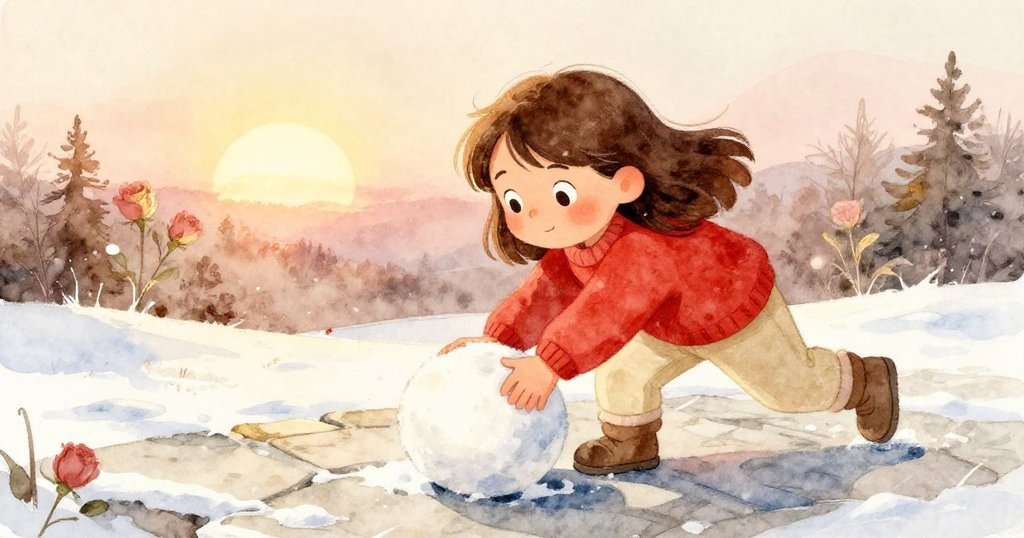 清晨Joy在石板上快樂滾動雪球，背景映出柔和晨曦，展露期待與活力，場景寬闊自然。